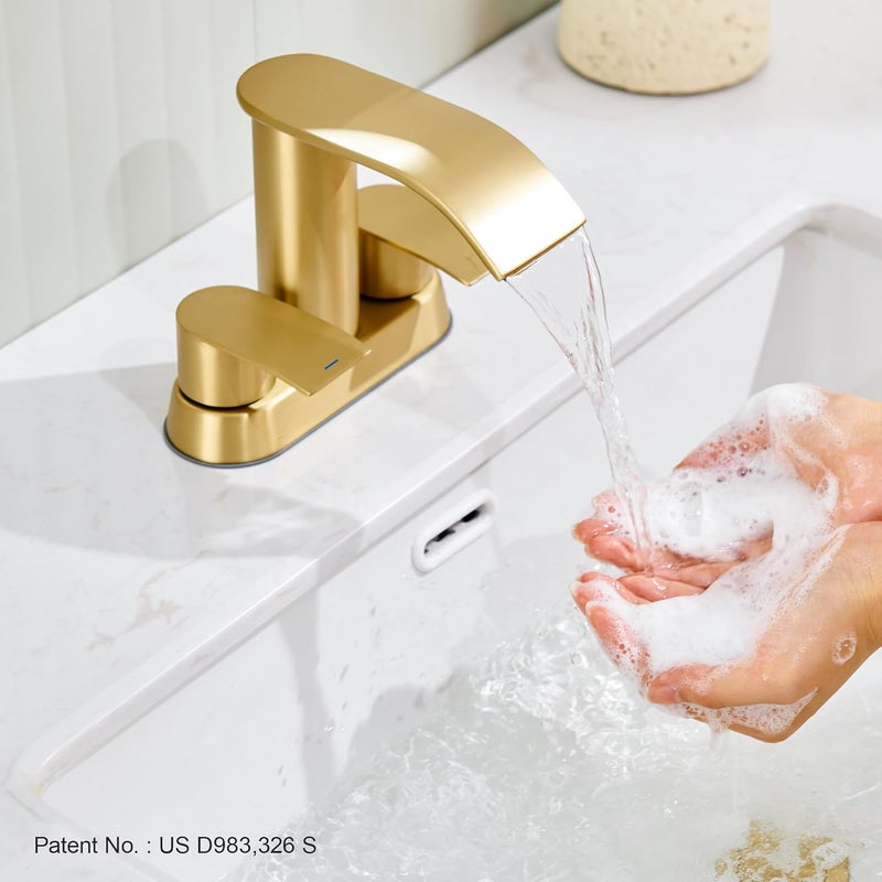 Ultimate Unicorn Bathroom Faucet for Sink Brushed Gold, 4 Inch Bathroom Sink Faucet for 3 or 2 Holes, 2 Handle Waterfall Faucets with Pop up Drain, Centerset Faucets for RV, Patent No. : US D983,326 S - Image 4